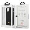 Opakowanie zawiera czarne etui na telefon z widocznym złotym napisem "Guess" na dole. Na opakowaniu znajdują się napisy: "GUESS EST. 1981", "Mobile phone accessory", "Slim profile", "Drop protection", "Easy snap-on", oraz logo "GUESS" z pytajnikiem.