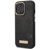 Czarne etui na telefon z wytłoczonym wzorem 4G i logo "GUESS" na metalowej płytce. Etui posiada wycięcia na aparat i przyciski, a jego krawędzie są wzmocnione.