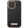 Czarne etui na telefon z wytłoczonym wzorem i złotą ramką wokół otworu na aparat. Na dole etui znajduje się złota tabliczka z napisem "GUESS".