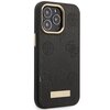 Czarne etui na telefon z wytłoczonym wzorem 4G i logo "GUESS" na złotej płytce. Ramka wokół aparatu oraz przycisk boczny są w kolorze złotym.