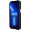 Czarne etui na telefon z widocznym przyciskiem w kolorze złotym. Na ekranie telefonu wyświetla się niebieski wzór z jasnymi liniami tworzącymi kształt litery "T".
