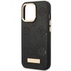 Czarne etui na telefon z wytłoczonym wzorem 4G i okrągłymi motywami, posiada złotą ramkę wokół otworu na aparat. Na dole etui znajduje się złota tabliczka z napisem "GUESS".
