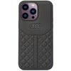 Czarne etui na telefon wykonane z prawdziwej skóry, z widocznym logo Audi w postaci czterech połączonych pierścieni. Dolna część etui ma wzór w formie pikowanej kratki.