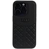 Czarne etui na telefon wykonane z prawdziwej skóry, z widocznym logo Audi w centralnej części. Dolna część etui ma wzór w formie pikowanej kratki.