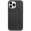 Czarne etui na telefon wykonane z syntetycznej skóry, przeznaczone dla modelu Apple iPhone 13 Pro Max. Na etui widoczne jest wytłoczone logo składające się z czterech połączonych okręgów.