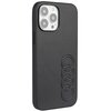 Czarne etui na telefon wykonane z syntetycznej skóry, przeznaczone dla modelu Apple iPhone 13 Pro Max. Na etui widoczne jest wytłoczone logo składające się z czterech połączonych okręgów.