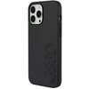 Czarne etui na telefon wykonane z syntetycznej skóry, przeznaczone dla modelu Apple iPhone 13 Pro Max. Na powierzchni etui widoczne jest wytłoczone logo składające się z czterech połączonych okręgów.