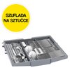 Na zdjęciu widoczna jest szuflada na sztućce z szarego tworzywa, wypełniona różnymi sztućcami i dwoma filiżankami. W lewym górnym rogu znajduje się żółte koło z czarnym napisem "SZUFLADA NA SZTUĆCE".
