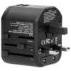 Czarny adapter podróżny z różnymi wtyczkami, oznaczeniami "USA/AUS", "UK", "EU" oraz napisami: "WORLD TRAVEL ADAPTER WITH 2 USB", "TA-6", "Input: 100-240V~ 50/60Hz 300mA", "Output: 5VDC 2.4A Max", "Fuse Rating: 8A Max", "Power Rating: 880W at 110V, 1840W 