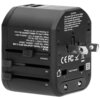 Czarny adapter podróżny z widocznymi wtyczkami i suwakami oznaczonymi jako USA/AUS, UK, EU. Na urządzeniu znajduje się tekst: "TA-6 WORLD TRAVEL ADAPTER WITH 2 USB", "Input: 100-240V~ 50/60Hz, 3000mA", oraz ostrzeżenia dotyczące użytkowania.