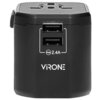 Czarny adapter podróżny z dwoma portami USB oznaczonymi jako "Smart 2.4A" oraz logo "VIRONE" poniżej. Na górze widoczne są uniwersalne gniazda do podłączenia różnych typów wtyczek.