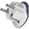 Adapter podróżny w kolorze białym z dwoma metalowymi bolcami i szarym elementem na krawędzi. Widoczne są oznaczenia CE oraz symbol uziemienia.