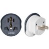 Adapter podróżny z widocznymi gniazdami i wtyczką, z przodu napis "VIRONE", z tyłu oznaczenia "10A 250V~" oraz "CE". Produkt ma ciemnoszarą i białą kolorystykę.
