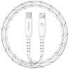 Biały kabel USB-C - Lightning o długości 1,5 metra z plecionym wzorem, z widocznymi złączami; na jednym z nich znajduje się napis "ENERGEA", a na drugim litera "G".