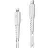 Biały kabel USB-C - Lightning o długości 1,5 metra z plecionym oplotem, z widocznym logo "ENERGEA" na jednym z końców. Na drugim końcu znajduje się symbol "G".