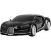 Czarne, zdalnie sterowane auto sportowe o opływowym kształcie, z widocznym logo Bugatti na przodzie i srebrnymi felgami. Samochód ma szczegółowo odwzorowane reflektory i lusterka boczne.