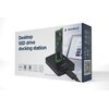 Pudełko produktu z napisem "Desktop SSD drive docking station" oraz logo "gembird", przedstawiające stację dokującą z włożonym dyskiem SSD, obok laptopa. Na opakowaniu znajdują się ikony i teksty: "Type-C", "SATA SSD", "NVMe SSD", "LED Indicator", "Plug &