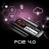 Na zdjęciu znajduje się dysk SSD z widocznym napisem "SP M.2 PCIe Gen 4 x4 SSD" oraz oznaczeniami certyfikacyjnymi. W tle widoczne są różowe ikony technologiczne, a na dole napis "PCIE 4.0".
