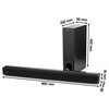 Na zdjęciu znajduje się czarny soundbar oraz subwoofer. Widoczne są wymiary: soundbar ma 860 mm długości i 74 mm wysokości, a subwoofer ma wymiary 250 mm x 115 mm x 420 mm. Na obu urządzeniach widnieje logo "GoGEN".
