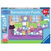 Opakowanie puzzli przedstawia kolorową ilustrację z postaciami z bajki "Świnka Peppa" w klasie szkolnej, z widocznymi biurkami, tablicą i oknami. Na opakowaniu znajduje się tekst: "Peppa Pig Ravensburger Puzzle 2x24 Premium Puzzle Perfect Age Fit 4+ Raven