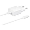 Biała ładowarka sieciowa z dwoma bolcami i podłączonym kablem USB-C, na której widnieje napis "Fast Charging" oraz symbol błyskawicy. Kabel zakończony jest wtykiem USB-C.