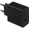 Czarna ładowarka sieciowa z dwoma portami, oznaczonymi jako "Max 35W" i "Max 15W", oraz napisem "Super Fast Charging" obok symbolu błyskawicy. Wtyczka jest typu europejskiego z dwoma bolcami.