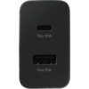 Czarna ładowarka sieciowa z dwoma portami: USB-C z napisem "Max 35W" oraz USB-A z napisem "Max 15W". Produkt ma zaokrąglone krawędzie i gładką powierzchnię.