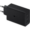 Czarna ładowarka sieciowa z trzema portami, oznaczonymi jako "Max 65W", "Max 25W" i "Max 15W". Na obudowie widnieje symbol błyskawicy oraz napis "Super Fast Charging".