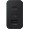 Czarna ładowarka sieciowa z trzema portami: dwa porty USB-C oznaczone jako "Max 65W" i "Max 25W" oraz jeden port USB-A oznaczony jako "Max 15W". Produkt ma prostokątny kształt z zaokrąglonymi krawędziami.