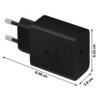 Czarna ładowarka sieciowa z wtyczką i portem USB-C, z napisem "Super Fast Charging" oraz symbolami pioruna. Wymiary ładowarki to 8,48 cm długości, 4,35 cm wysokości i 2,8 cm szerokości.