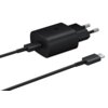 Czarna ładowarka sieciowa z dwoma wtykami oraz kablem USB-C, na obudowie widoczny symbol błyskawicy. Produkt jest przedstawiony na białym tle.