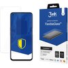 Na zdjęciu widoczny jest telefon z nałożonym szkłem ochronnym oraz opakowanie produktu z napisem "3mk Protection premium protection FlexibleGlass™". Na opakowaniu znajdują się dodatkowe informacje, takie jak "Antybakteryjne szkło hybrydowe", "250% stronge
