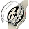 Przezroczyste etui ARAREE Nukin jest umieszczone nad zegarkiem Samsung Galaxy Watch 6 (40 mm) z jasnym paskiem i wyświetlaczem pokazującym duże cyfry "10:08". Na etui widoczny jest napis "araree".