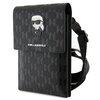 Czarne etui z tłoczonym wzorem w kształcie litery "K" oraz postacią w okularach przeciwsłonecznych na klapie. Na etui widoczny jest napis "KARL LAGERFELD".