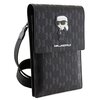 Czarne etui z tłoczonym wzorem w kształcie liter "K" i "L" oraz z postacią w okularach przeciwsłonecznych na klapie. Na klapie widoczny jest biały napis "KARL LAGERFELD".