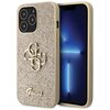 Złote etui na telefon z brokatowym wykończeniem, ozdobione dużym, metalicznym logo składającym się z liter "G" i "D". Na dole etui widnieje napis "Guess" w eleganckim, złotym stylu.