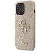 Złote etui na telefon z brokatowym wykończeniem, ozdobione wypukłym logo składającym się z liter "G" i "S". Na dole widoczny jest napis "Guess" w eleganckim stylu.