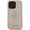 Złote etui na telefon z brokatowym wykończeniem, ozdobione dużym, stylizowanym logo składającym się z liter "G" oraz napisem "Guess" na dole. Etui jest przeznaczone do modelu Apple iPhone 13 Pro Max.