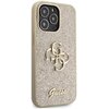 Złote etui na telefon z brokatowym wykończeniem, ozdobione dużym, metalicznym logo składającym się z liter "G" i "C". Na dole etui widnieje napis "Guess" w eleganckim, złotym stylu.