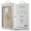 Złote etui na telefon z brokatowym wykończeniem i dużym logo "4G" oraz napisem "Guess" znajduje się w przezroczystym opakowaniu. Na opakowaniu widnieją napisy: "Mobile phone accessory", "Drop protection", "Slim profile", "Easy snap-on", oraz logo "Guess" 