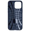 Niebieskie etui na telefon z geometrycznym wzorem w postaci krzyżujących się linii w kolorach czarnym i białym. Na etui widoczne są napisy: "AIR CUSHION TECHNOLOGY", "ALIQUID TIBI VIS", "Spigen", oraz "Spigen Inc in Irvine, California Made in South Korea"