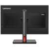Czarny monitor z logo "Lenovo" i napisem "ThinkVision" na tylnej obudowie, z centralnie umieszczonym pionowym stojakiem. Monitor posiada prostokątną podstawę z czerwonym akcentem.
