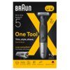 Czarny trymer z szarymi elementami na tle dużej litery "X" w kolorze żółtym, z widocznym logo "BRAUN" oraz napisami: "All-in-One Series XT", "One Tool", "Trim, style, shave. Face & Body", "Long-Lasting Blade*", "Full metal ultra sharp", a także ikonami i 