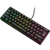 Czarna klawiatura mechaniczna z podświetleniem RGB, gdzie klawisze są podświetlone w kolorach zielonym, żółtym i różowym. Na klawiszu "Shift" widoczne jest logo w kształcie płomienia.