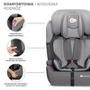 Szary fotelik samochodowy z widocznym logo "Kinderkraft" na dolnej części, posiada miękkie, przewiewne materiały oraz wentylowaną siateczkę po bokach. Obok fotelika znajdują się trzy okrągłe zdjęcia z opisami: "Przewiewny, miękki materiał", "Wentylowana s