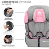 Szaro-różowy fotelik samochodowy z widocznym logo "Kinderkraft" na dolnej części, posiada różowe wstawki i czarne pasy bezpieczeństwa. Na zdjęciu znajdują się napisy: "KOMFORTOWA I WYGODNA PODRÓŻ", "PRZEWIEWNY, MIĘKKI MATERIAŁ", "WENTYLOWANA SIATECZKA PO 
