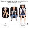 Na zdjęciu widoczne są trzy foteliki samochodowe z dziećmi w różnym wieku, a nad nimi napis: "JEDEN FOTELIK NA LATA – ROŚNIE RAZEM Z TWOIM DZIECKIEM!". Na dole znajduje się skala z oznaczeniami "76 CM 9 KG / 15 MIESIĘCY" oraz "150 CM 36 KG / 12 LAT".