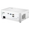 Biały projektor z widocznymi portami: audio, HDMI, USB, VGA, RS-232 oraz zasilania, a także logo "ViewSonic" na górnej powierzchni. Na obudowie znajdują się oznaczenia "LED" i "HDMI".