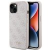 Etui na telefon w kolorze różowym z wzorem 4G i złotym logo "GUESS" na dole. Obok etui znajduje się telefon z wyświetlaczem pokazującym kolorowy gradient.