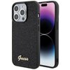 Czarne etui na telefon z teksturowaną powierzchnią i złotym napisem "Guess" w dolnej części. Obok etui widoczny jest telefon z wyświetlaczem pokazującym gradientowe tło w odcieniach fioletu i niebieskiego.